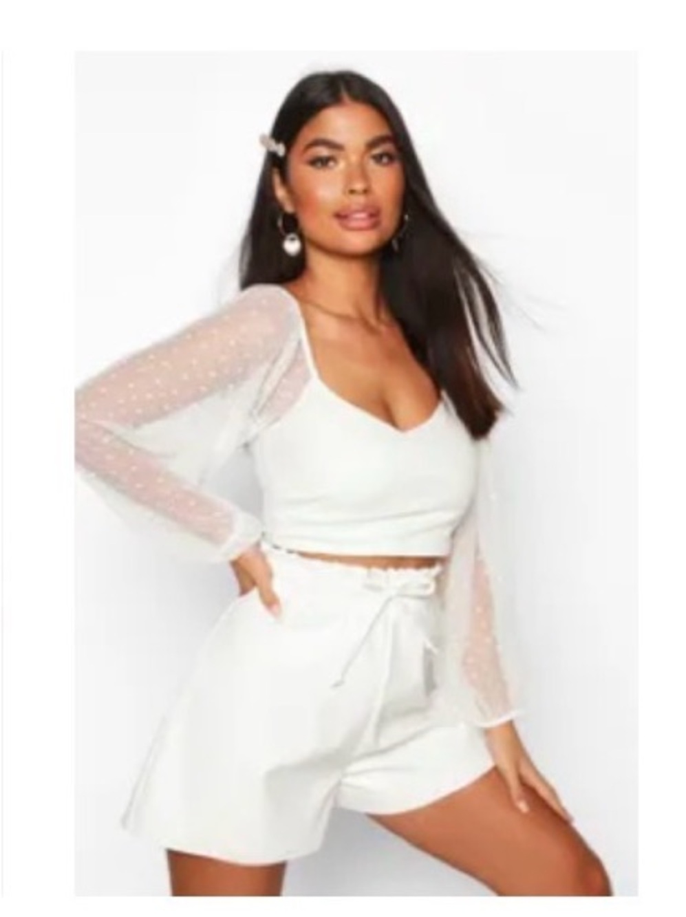 Boohoo White Sheer Dot-Sleeve Crop Top